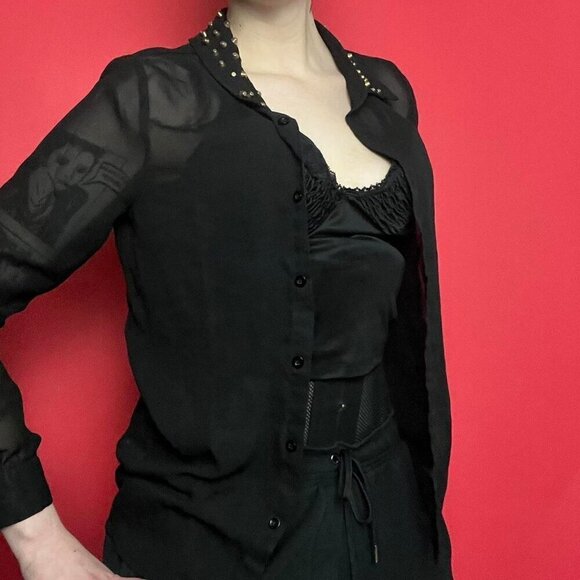 Stella tweed / Sheer black button up blouse with studded accents ๐ค๐โโโโโ - Picture 4 of 6
